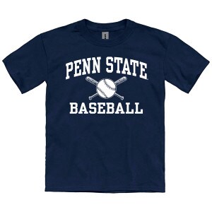 youth navy short sleeve t-shirt with Penn State Baseball and baseball & bats graphic